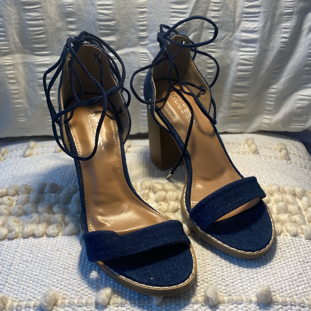 Jacobies Lace Up Denim Open-Toed Heels